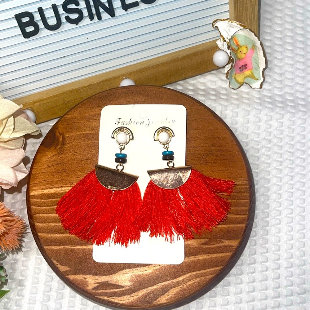 Aesthetic Red Tassel Earrings, Fabric Fringe SmallTassel Earrings Trendy Tassel